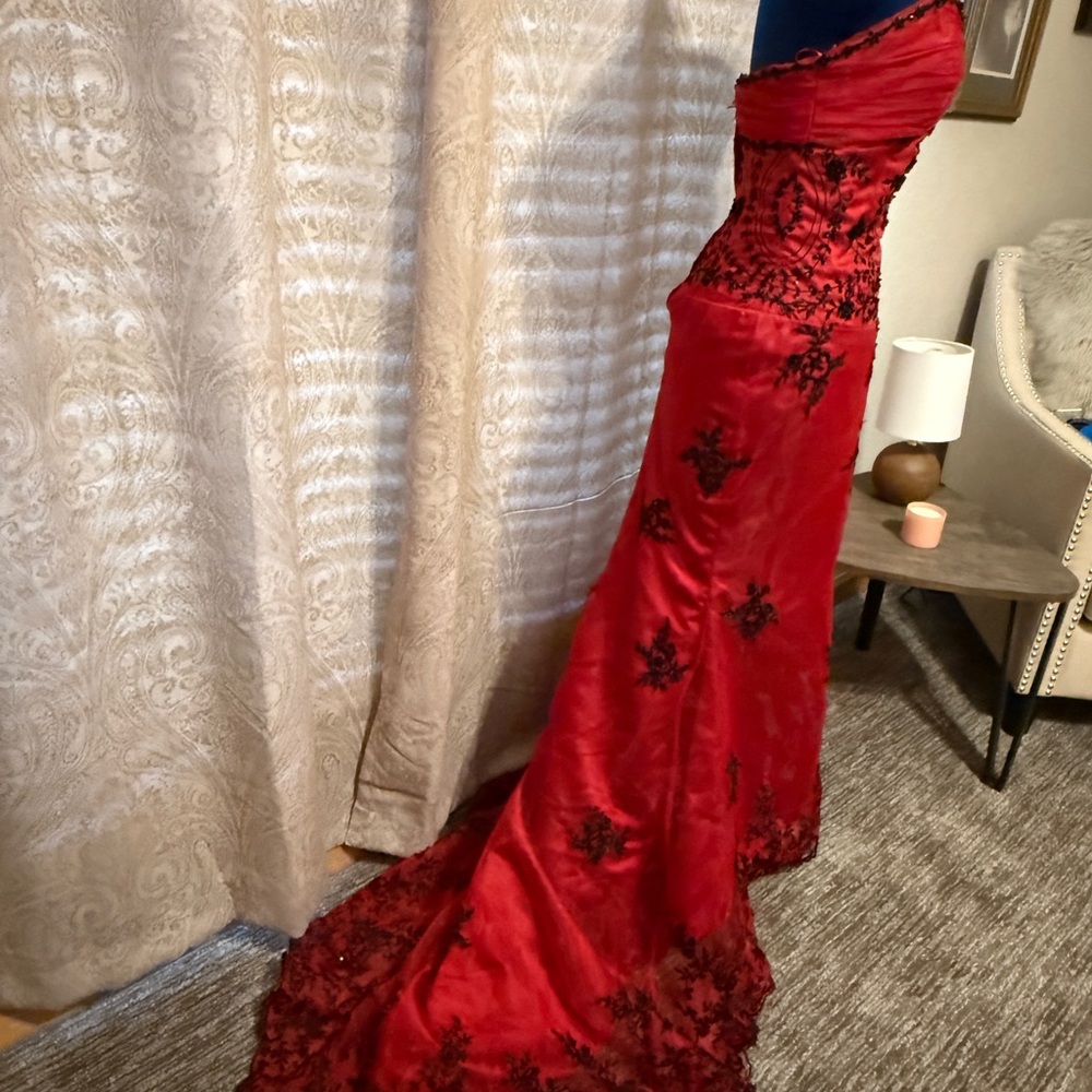Custom tailored Red and Black Strapless Gown
